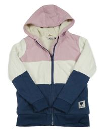 Starorůžovo-bílo-tmavomodrá propínací zateplená mikina s nášivkou a kapucí Pocopiano