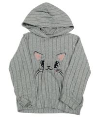 Svetlosivá melírovaná rebrovaná úpletová mikina s mačičkou a kapucňou