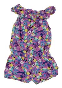 Růžovofialový kraťasový overal s tukany a lístečky a volánkem Kiki&Koko