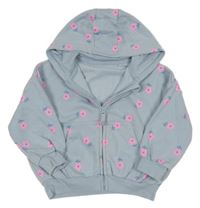 Světlemodrá propínací oversize mikina s kytičkami a kapucí George