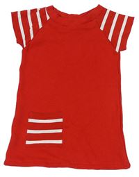 Červené teplákové šaty s bielymi pruhmi a kapsičkou