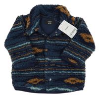 Nové - Tmavomodro-zeleno-hnedá pruhovaná huňatá podšitá košeľová bunda Next