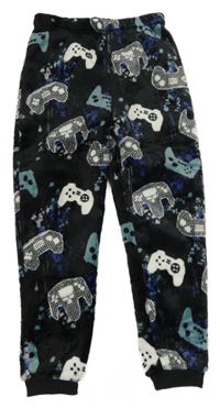 Černé skvrnité chlupaté pyžamové kalhoty s ovladači Peacocks