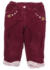 Vínové manšestrové zateplené kalhoty s výšivkami květin Ergee