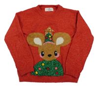 Červený melírovaný vlnený sveter s myškou s flitrami H&M