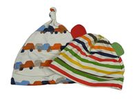 2x bavlněná čepice - biela s auty + smetanovo-barevná pruhovaná