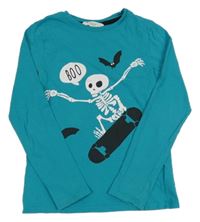 Modrozelené triko s kostrou na skatu H&M