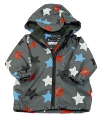 Tmavošedá nepromokavá zateplená bunda s hvězdami a kapucí