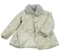 Smetanovo-šedý květovaný zateplený kabát s kožešinou