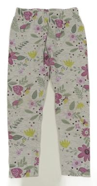 Sivé melírované kvetované legíny s listami a vtáčky Kids