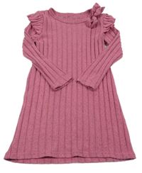 Ružové melírované rebrované úpletové šaty s volánikmi