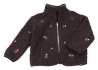Tmavohnědá huňatá zateplená bunda s výšivkami květin Primark