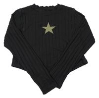 Čierne rebrované úpletové crop tričko s hviezdou