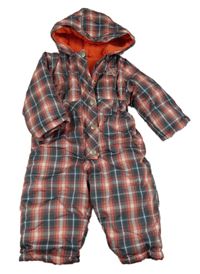 Šedo-červená kostkovaná šusťáková zimní kombinéza s kapucí 
