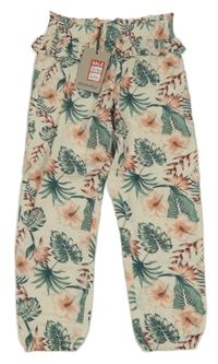 Nové - smetanové květované lehké podšité kalhoty s volánkem 