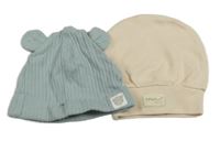 2x čepice - šedomodrá žebrovaná + svetlobéžová s nášivkou