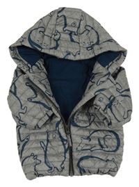 Šedo-modrá vzorovaná šusťáková prošívaná zateplená bunda s kapucí Next