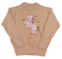 Meruňkový chlupatý svetr s jednorožcem z flitrů 