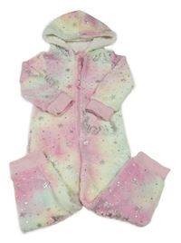 Ružovo-žltá plyšová kombinéza s hviezdičkami a kapucňou Peacocks