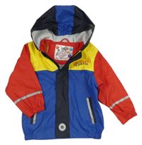 Tmavomodro-žlto-červená vodeodolná jarná bunda s nápisom a kapucňou Lupilu