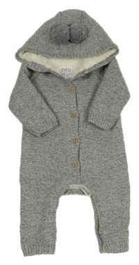 Šedá melírovaná pletená zateplená kombinéza s kapucí s bambulemi F&F