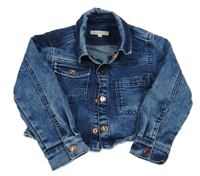 Tmavomodrá rifľová tepláková crop bunda s nápisom