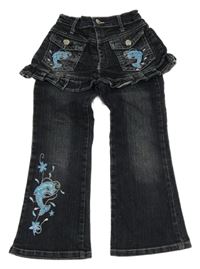 Tmavomodré flare rifle s delfínmi a našitou sukní