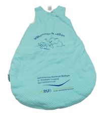 Světlemodrý puntíkatý zateplený spací pytel so slonmi a nápismi