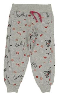 Svetlosivé melírované tepláky s kvetmi a motýlikmi