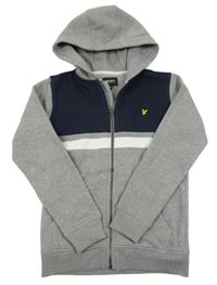 Sivo-tmavomodro-biela prepínaci mikina s kapucňou