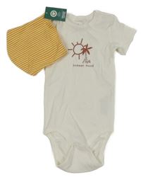 2set - Biele body s palmou a sluncem + žluto-vínový pruhovaný šátek