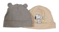 2set - 2x čepice - meruňková se Snoopym + hnědá žebrovaná s oušky 
