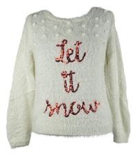 Dámsky biely chlpatý sveter s nápisem z flitrů George