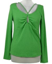 Dámske zelené rebrované tričko s překříženým výstřihem H&M