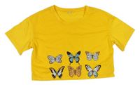 Žlté crop tričko s motýlikmi