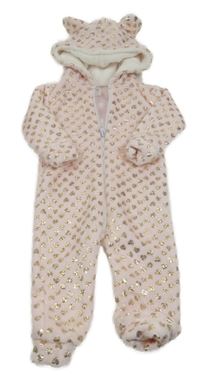 Světlerůžová chlupatá kombinéza se srdíčky a kapucí 