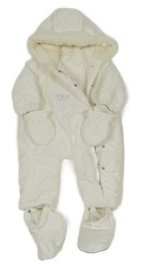 Bílá šusťáková zimní kombinéza s medvídkem a kapucí+ rukavice + capáčky
