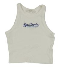 Biely rebrovaný crop top s modrým nápisom H&M