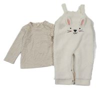 2Set - Bílé huňaté laclové kalhoty s králíkem + Béžové pruhované triko Little