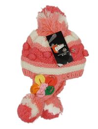 Nové - růžovo-bílá pletená čepice s kamínky a bambulí 