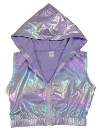 Lila-modro-ružová metalická ľahká crop vesta s kapucňou Shein