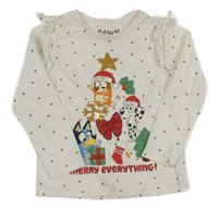 Smetanovo-zlaté tričko s pejsky - Bluey a Bingo s vánočním motívom a volánikmi Nutmeg