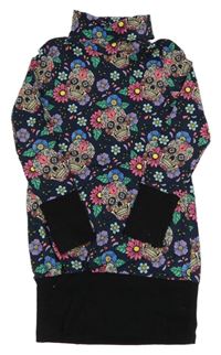 Tmavomodrá květovaná dlouhá mikina s lebkami a rolákem 