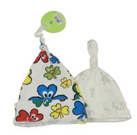 2x čepice - bílá se zvířaty + bílá s lístky - nová