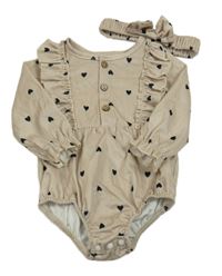 2set - Béžové zamatové body so srdíčky + čelenka