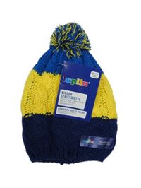Nové - Tmavomodro-žluto-modrá pletená podšitá čepice s bambulí Lupilu