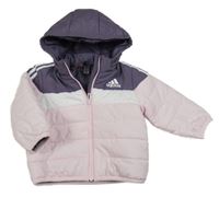 Nové - Svetloružová -fialovo-biela šušťáková prešívaná zimná bunda s logom a kapucňou Adidas