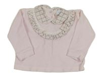 Svetloružová zamatová mikina s golierikom a volánikmi