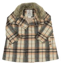 Růžovo-šedo-smetanový kostkovaný vlněný podšitý kabát s kožíškem F&F