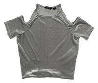Strieborné zamatové crop tričko s volnými rameny New Look